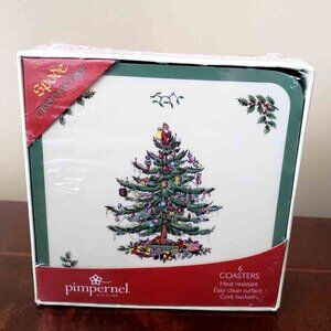 NEW Pack of 6 Spode Pimpernel Christmas Tree Drink Coasters Cork Backed